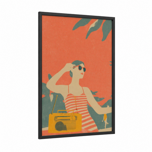 Retro Summer Vibes framed retro pop print — black wood frame — orange and teal palette