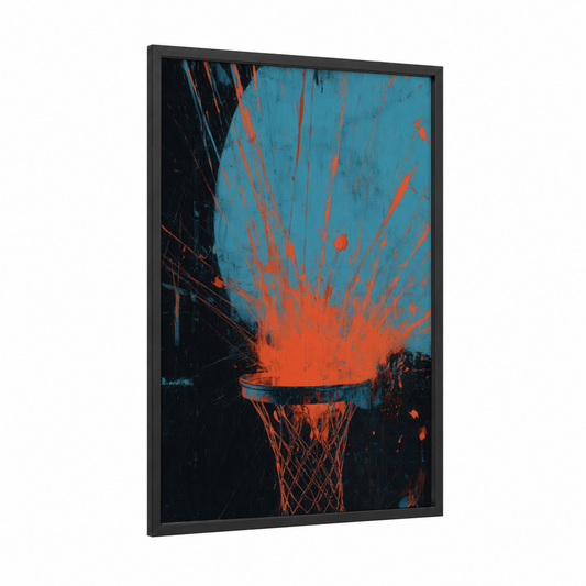 Explosive Basketball framed art print — black wood frame — blue and orange palette