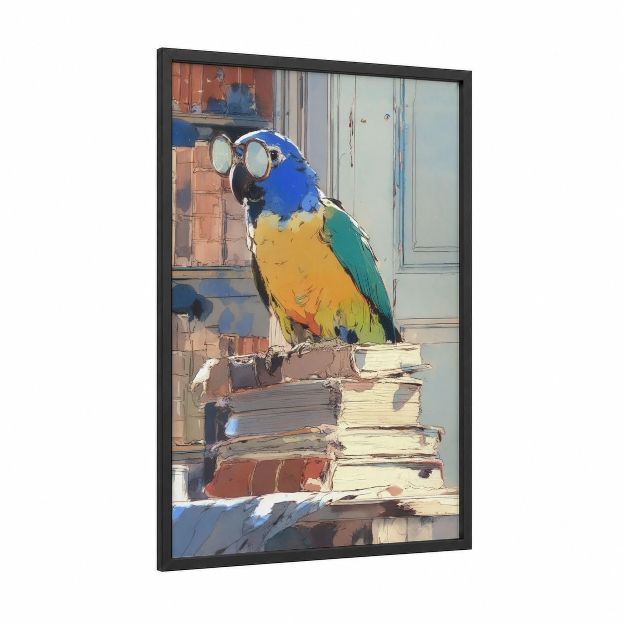 Scholarly Parrot framed safari parrots print — black wood frame — blue and yellow gold palette