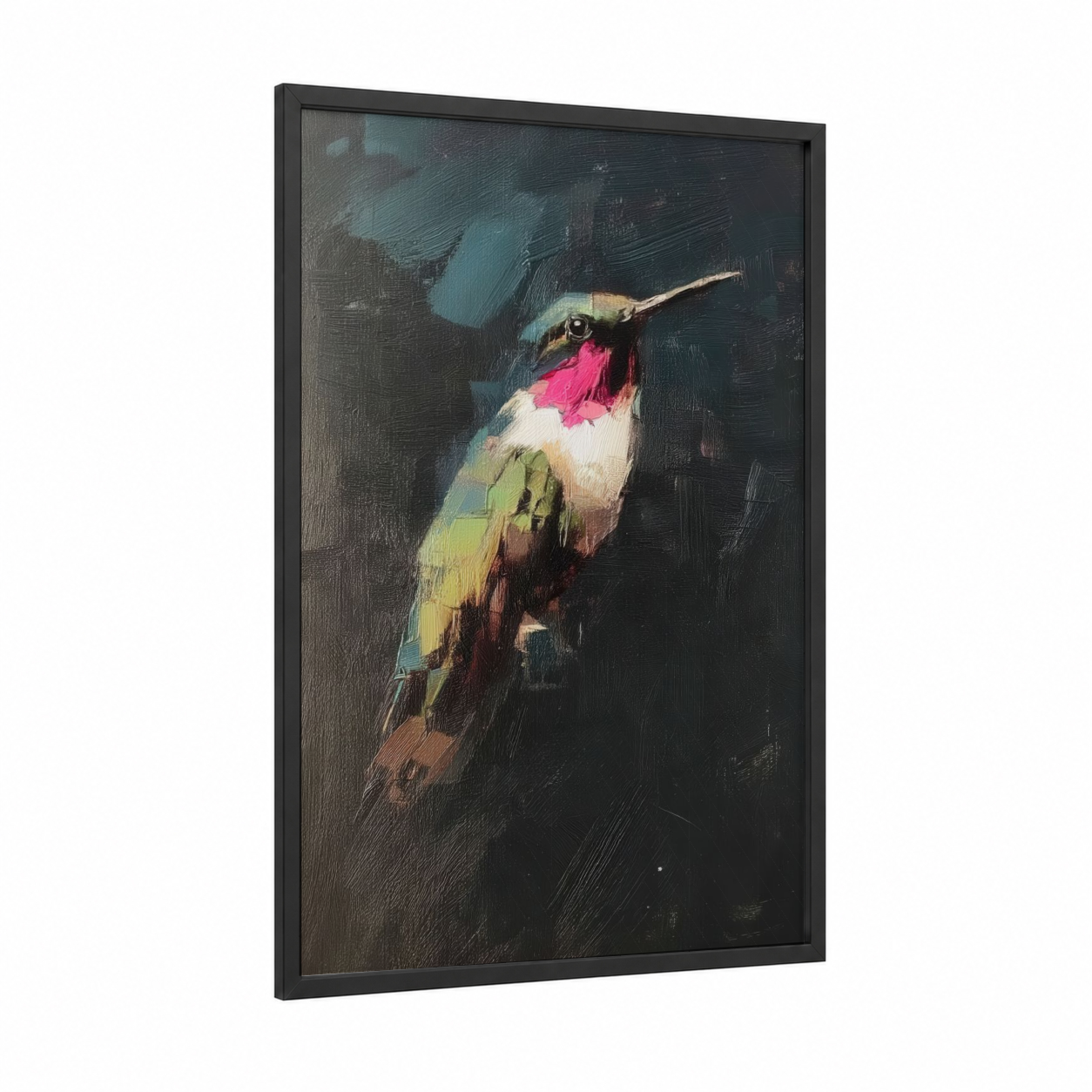 Magenta Hummingbird framed art print — black wood frame — magenta and dark green palette
