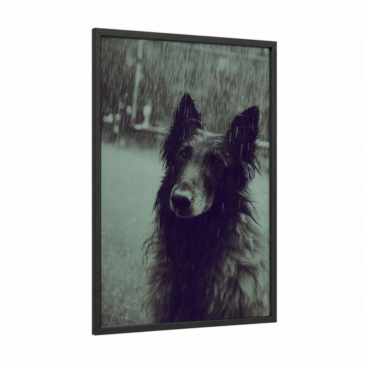 Rainy Collie framed shepherd dogs and collies print — black wood frame — black and white and dove gray palette