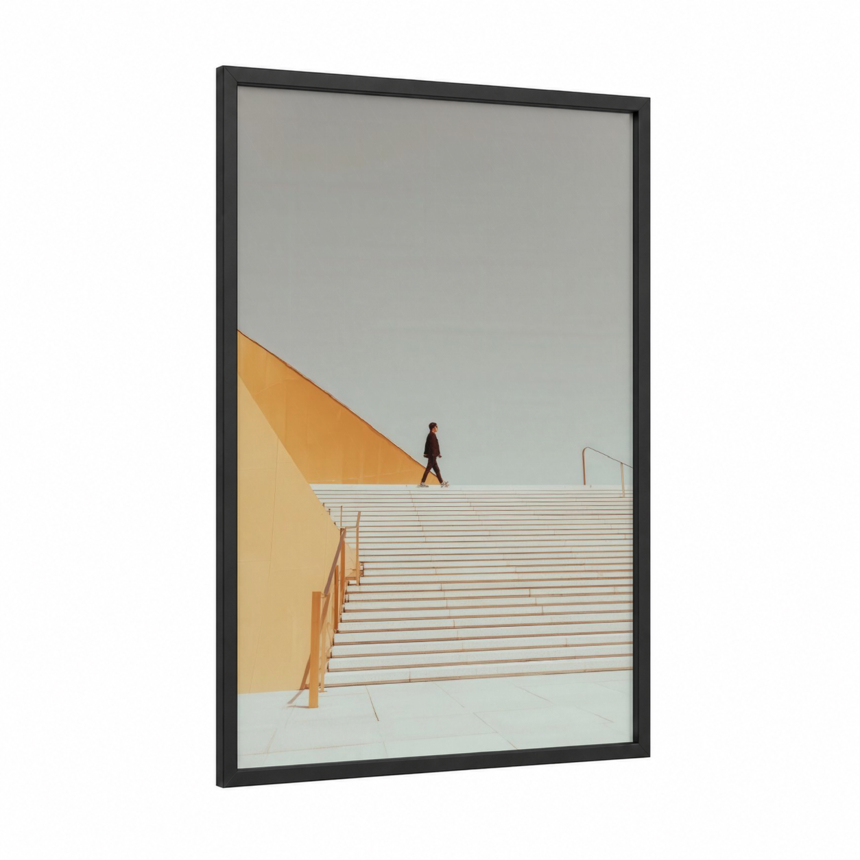 Solitary Ascent framed abstract architecture print — black wood frame — gold and dove gray palette