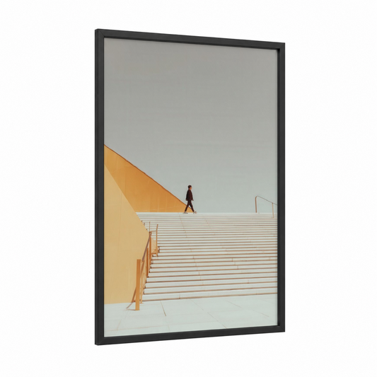 Solitary Ascent framed abstract architecture print — black wood frame — gold and dove gray palette