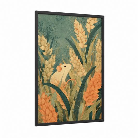 Wheat Field Mouse framed grain print — black wood frame — sage green and yellow gold palette