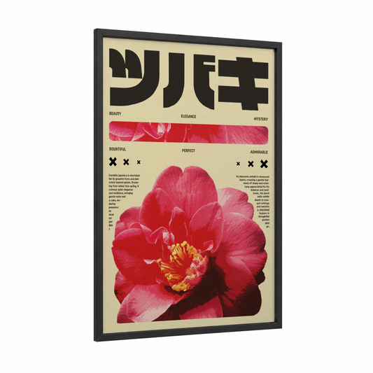 Crimson Camellia Y2K framed japanese y2k print — black wood frame — magenta and cream palette