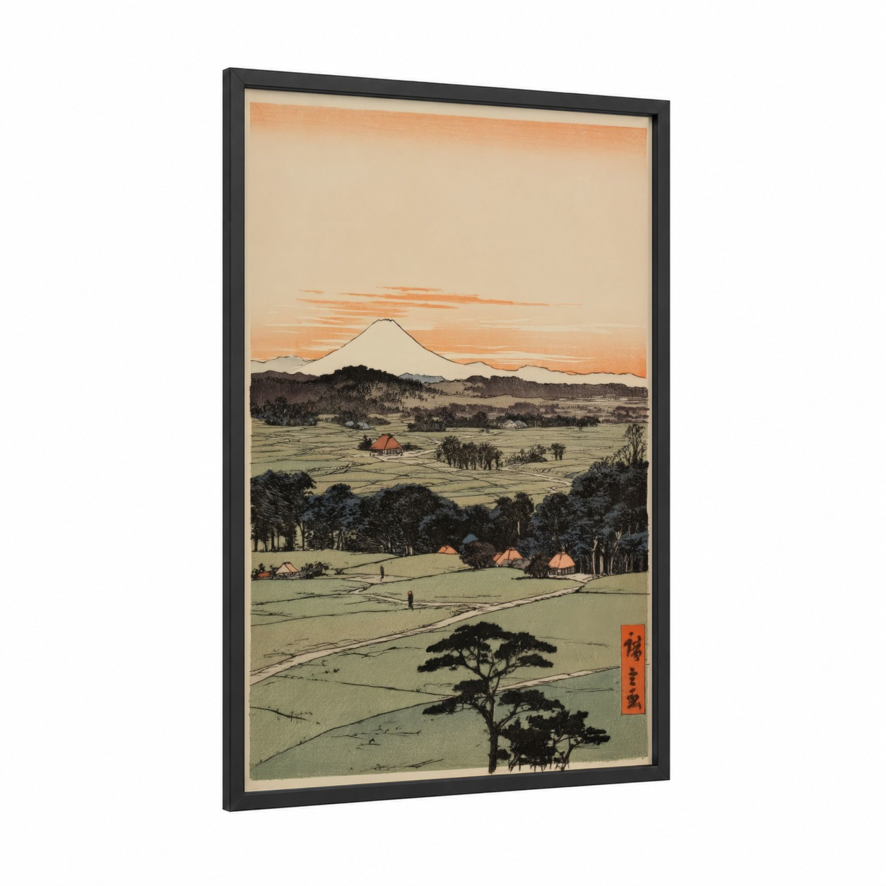 Mount Fuji Valley framed various landscapes print — black wood frame — green and peach palette