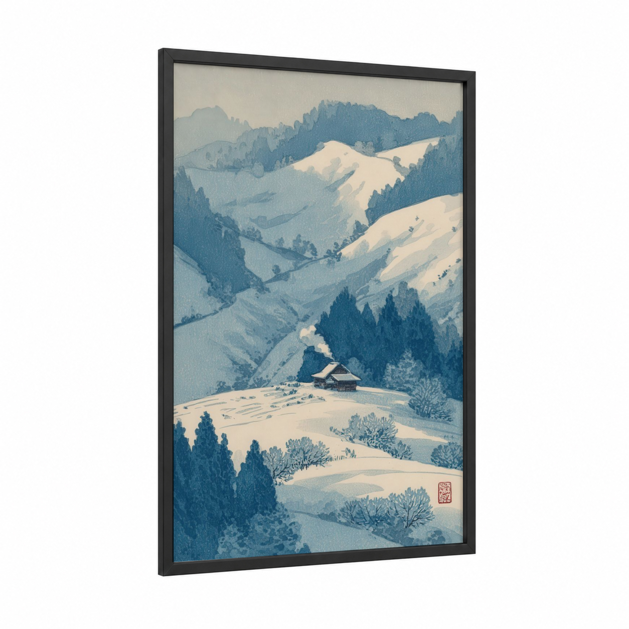 Snowy Ridge Vista framed blue ridge mountains print — black wood frame — blue and cream palette