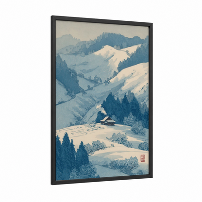 Snowy Ridge Vista framed blue ridge mountains print — black wood frame — blue and cream palette