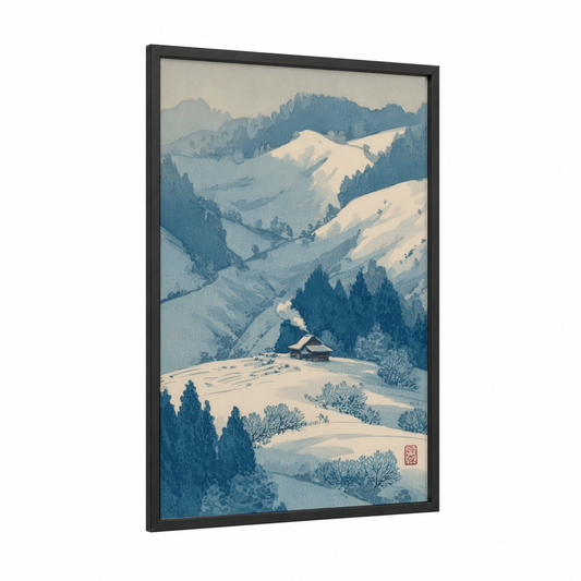 Snowy Ridge Vista framed blue ridge mountains print — black wood frame — blue and cream palette