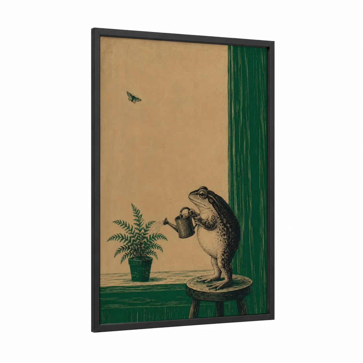 Japanese Frog Garden Scene Wall Art framed frogs and toads print — black wood frame — beige and true green palette