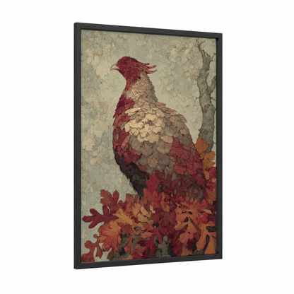Autumn Phoenix framed art print — black wood frame — russet and gold palette