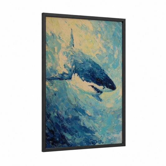Azure Shark framed blue shark print — black wood frame — teal and cream palette