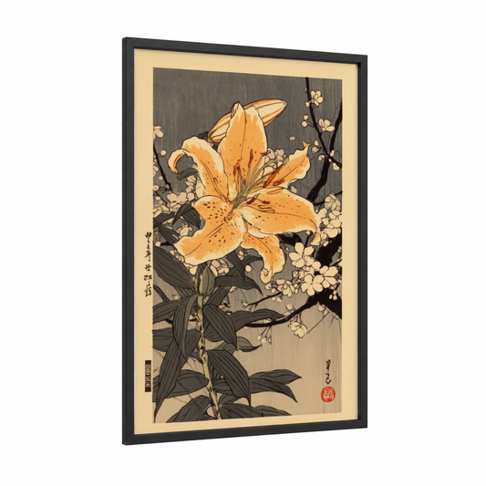 Golden Amaryllis framed amarillys print — black wood frame — gold and black and white palette