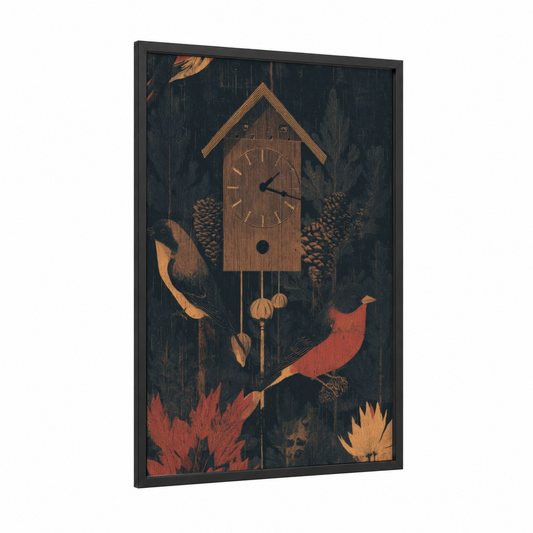 Woodland Cuckoo Clock framed art print — black wood frame — gold and black palette