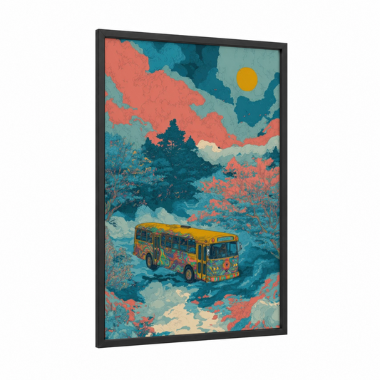 Psychedelic Bus Journey framed art print — black wood frame — teal and salmon pink palette