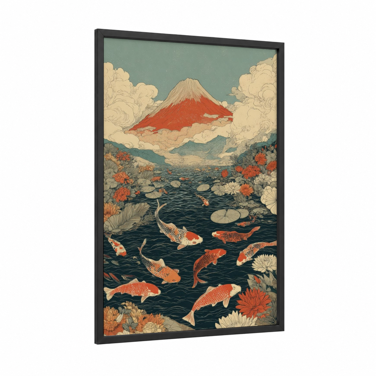 Mount Fuji Koi Pond framed art print — black wood frame — red and cream palette