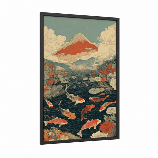 Mount Fuji Koi Pond framed art print — black wood frame — red and cream palette