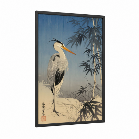 Misty Heron framed art print — black wood frame — blue and cream palette
