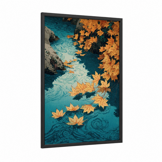 Autumn Maple Stream framed maple forest print — black wood frame — gold and teal palette