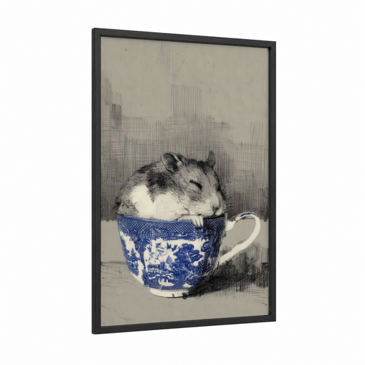 Teacup Hamster framed art print — black wood frame — black and white and blue palette