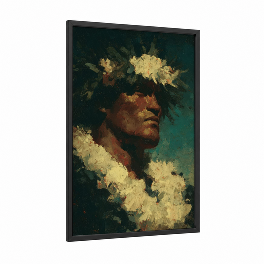 Floral Hula Dancer framed art print — black wood frame — teal and gold palette