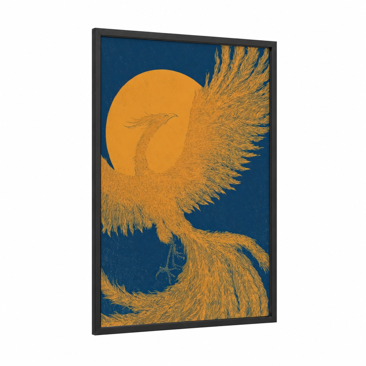 Golden Phoenix Rising framed the sun print — black wood frame — gold and blue and gold palette