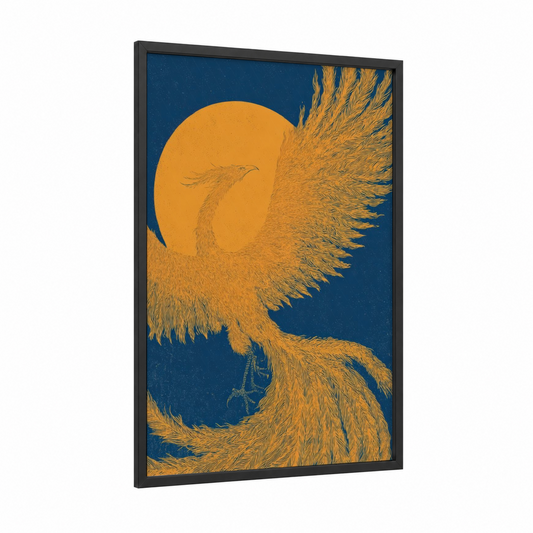 Golden Phoenix Rising framed the sun print — black wood frame — gold and blue and gold palette