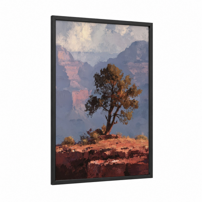 Solitary Juniper framed juniper tree print — black wood frame — russet and blue and gold palette