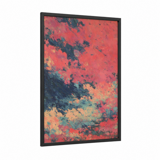 Crimson Nebula framed art print — black wood frame — red and dark blue palette