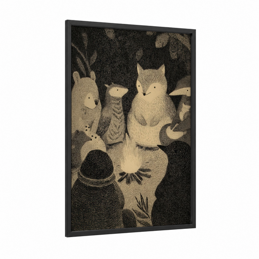 Forest Gathering framed fairytale print — black wood frame — black and white and cream palette