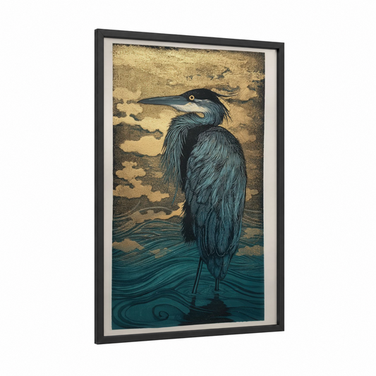 Stalking Heron framed art print — black wood frame — gold and teal palette