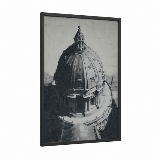 Classical Cathedral Dome framed art print — black wood frame — black and white and gray palette