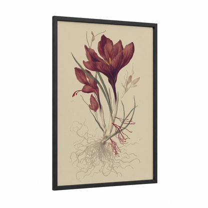 Crimson Crocus Botanical framed herbs and spices print — black wood frame — maroon and cream palette