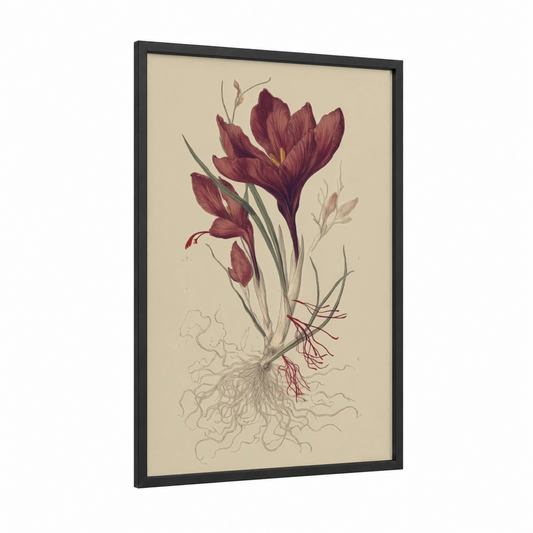 Crimson Crocus Botanical framed herbs and spices print — black wood frame — maroon and cream palette