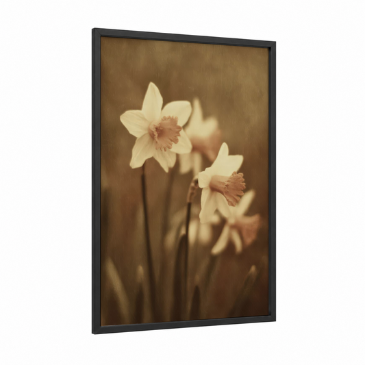 Vintage Daffodils framed art print — black wood frame — cream and peach palette
