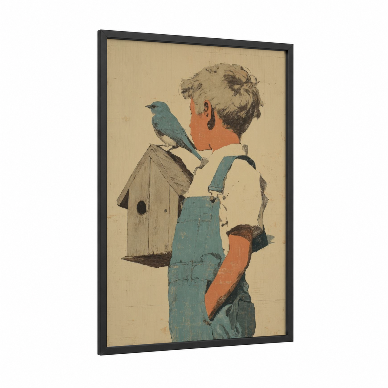 Curious Birdwatcher framed kids animals print — black wood frame — blue and peach palette