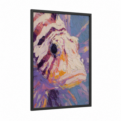 Expressionist Lionfish framed art print — black wood frame — purple and gold palette