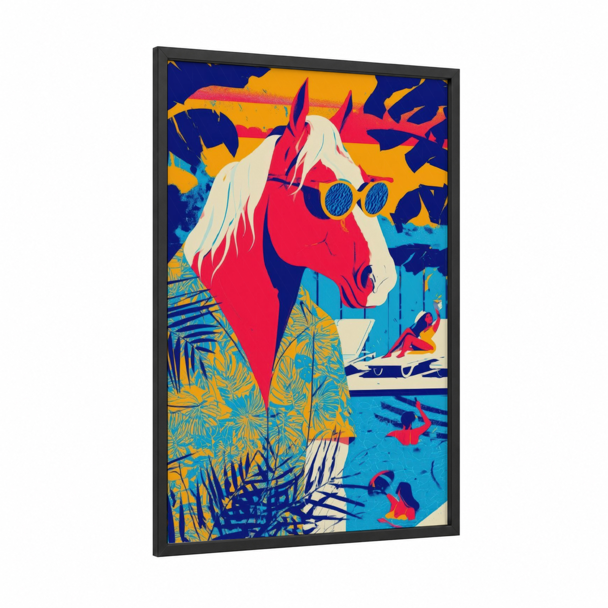 Tropical Clydesdale framed clydesdale horse print — black wood frame — royal blue and gold palette