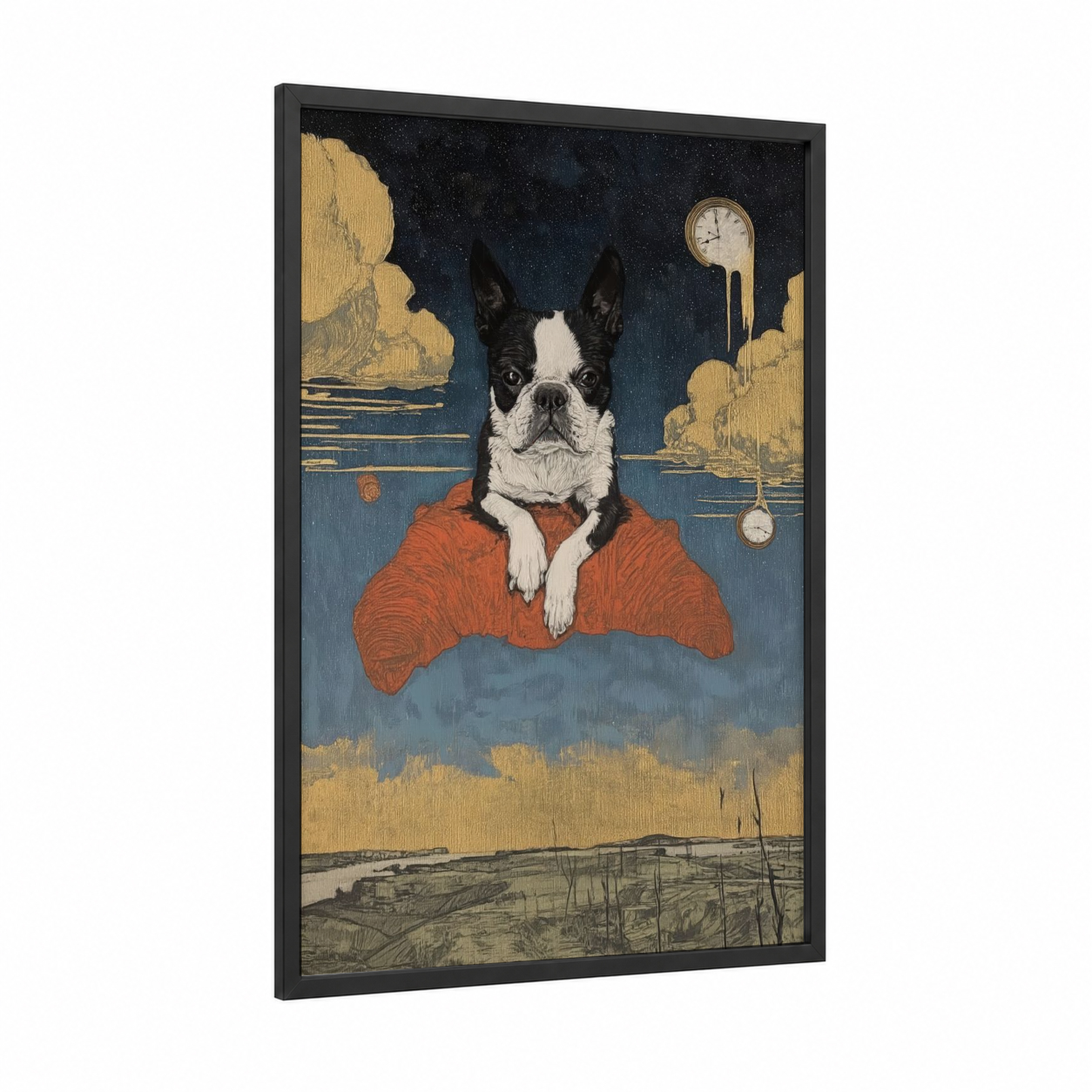 Dreaming Terrier framed art print — black wood frame — dark blue and gold palette