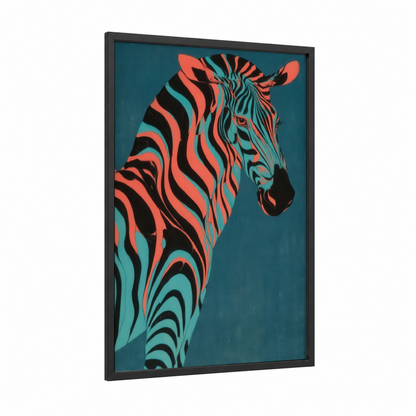 Neon Zebra Portrait framed art print — black wood frame — orange and teal palette