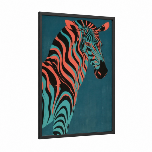 Neon Zebra Portrait framed art print — black wood frame — orange and teal palette