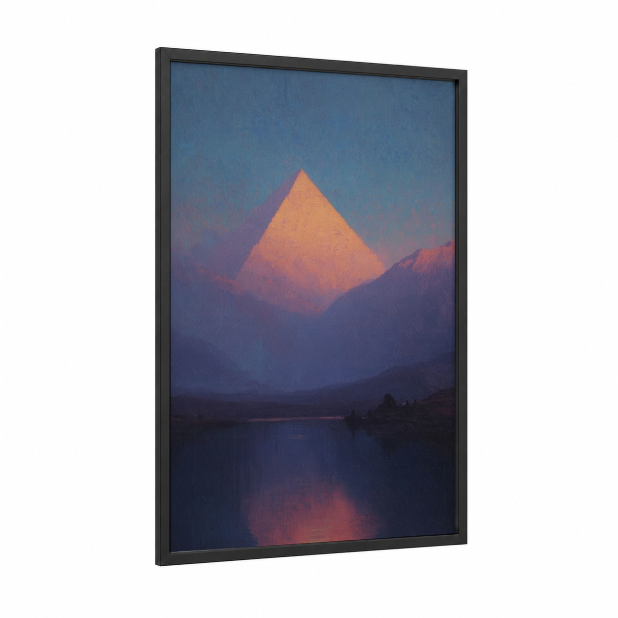 Golden Pyramid Twilight framed great pyramid of giza print — black wood frame — blue and gold palette