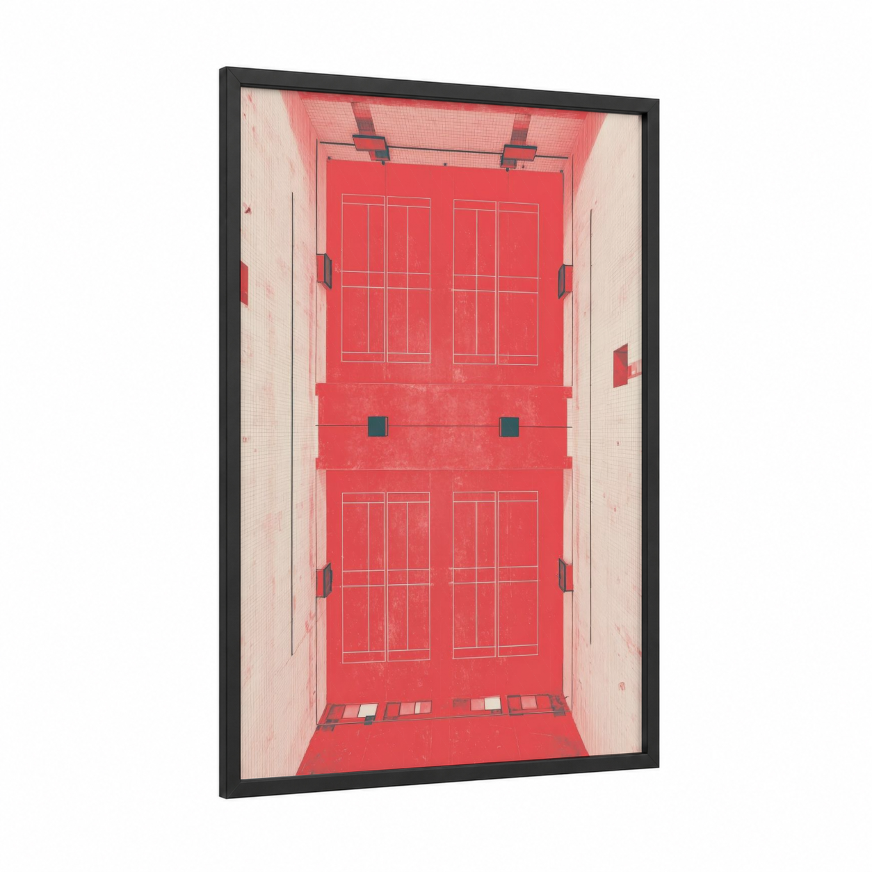 Crimson Court View framed racquetball print — black wood frame — red and cream palette