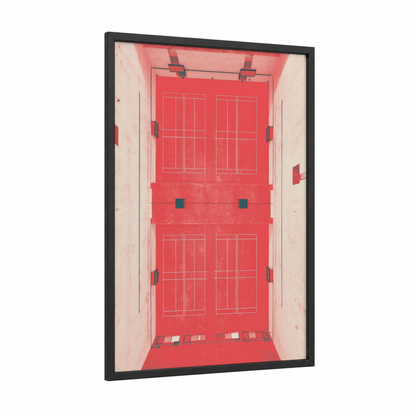 Crimson Court View framed racquetball print — black wood frame — red and cream palette