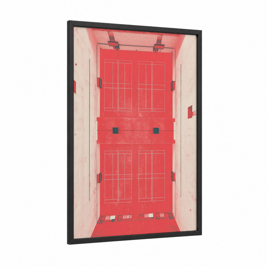 Crimson Court View framed racquetball print — black wood frame — red and cream palette