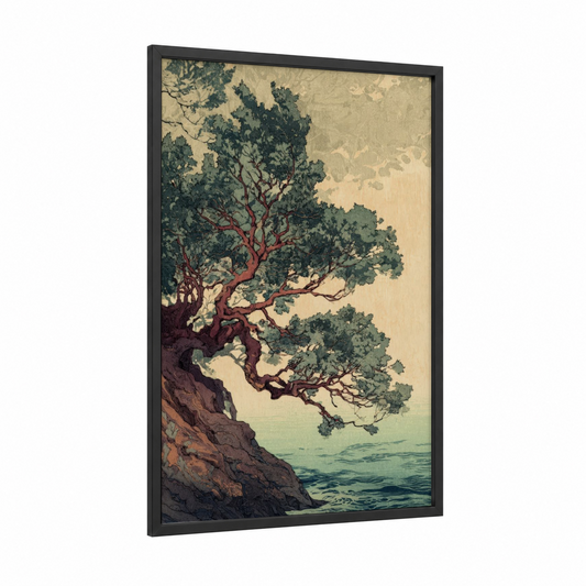 Coastal Arbutus framed arbutus tree print — black wood frame — beige and teal palette