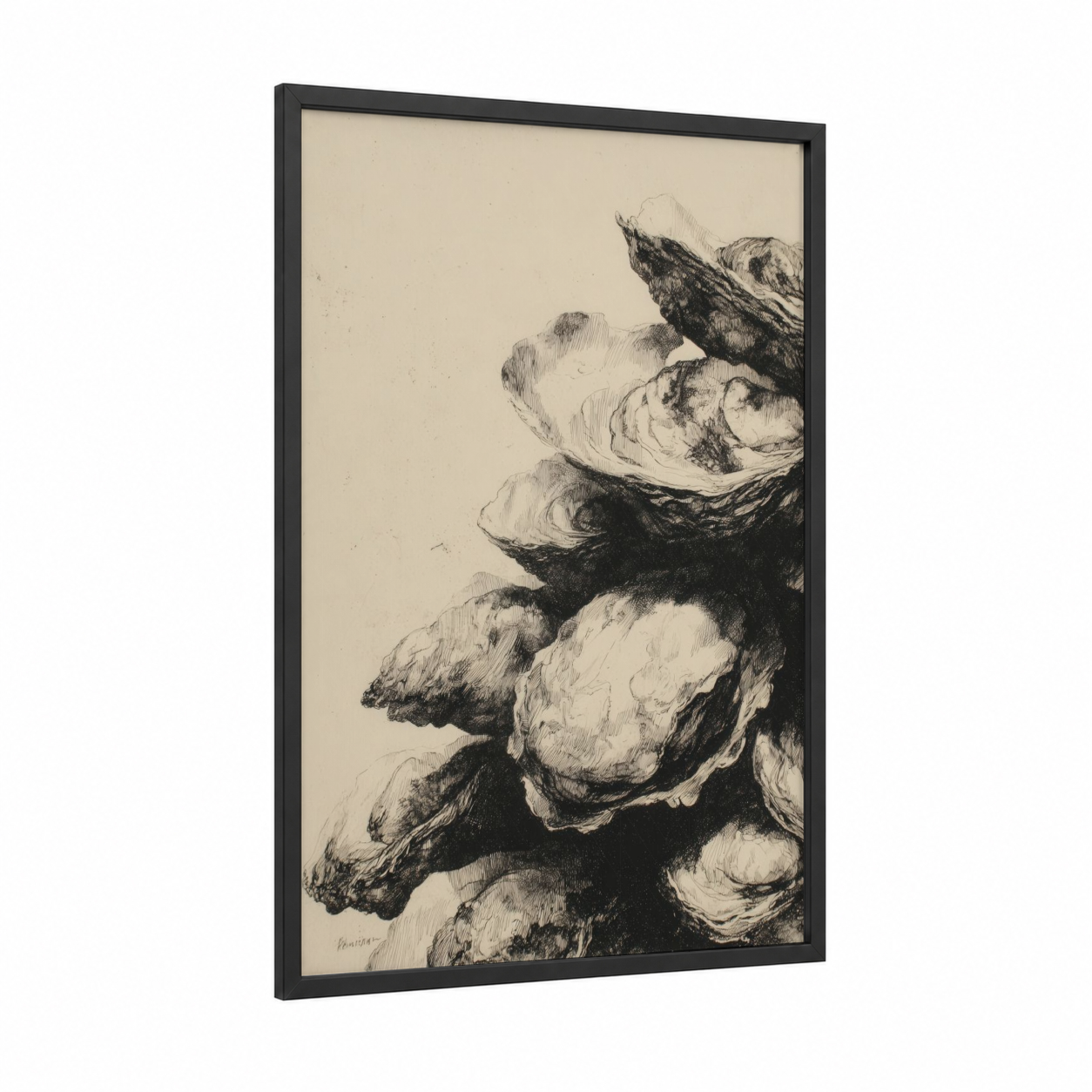 Etched Oysters framed art print — black wood frame — black and white and cream palette