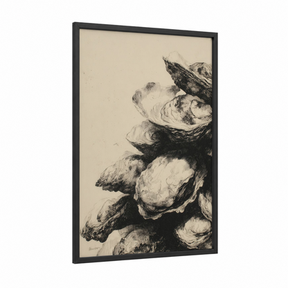 Etched Oysters framed art print — black wood frame — black and white and cream palette