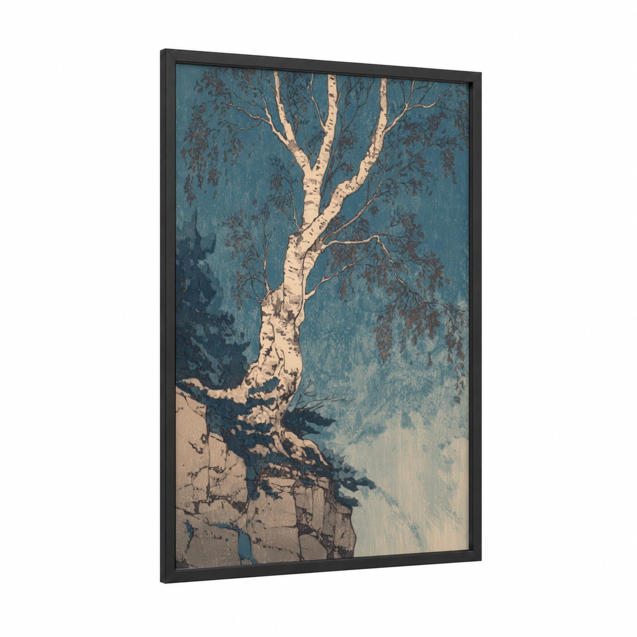 Solitary Birch framed birch tree print — black wood frame — teal and cream palette