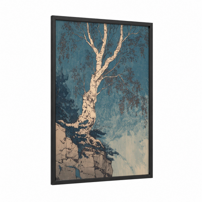 Solitary Birch framed birch tree print — black wood frame — teal and cream palette